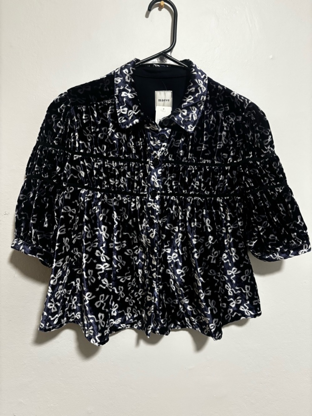 NWT Maeve Navy Velvet Smocked Floral-Print Peplum Blouse
